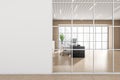 Front view of beige office room interior with ceo table, desk with desktop computer, armchair, panoramic windows, concrete floor. Royalty Free Stock Photo