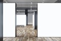 Front view between big blank white partitions with place for advertising poster or logo brand in abstract gallery hall with wooden