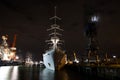 Front view of big sail cruise ship, the Wind Surf, laying in the harbour at night awaiting maintenance in the Wilton Haven Schie Royalty Free Stock Photo