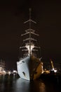 Front view of big sail cruise ship, Wind Surf, laying in the Wilton haven harbour at night awaiting maintenance in the harbour S Royalty Free Stock Photo