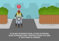 Front view of a biker standing at blind intersection. Move forward past obstructions to see if anything is coming.