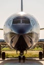 Front view of black aircraft cabin. The passenger plane ready to take off. Travel concept Royalty Free Stock Photo