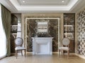 Front view of a black marble wall with a white fireplace and glass shelves and two classic armchairs