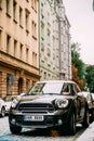 Front View Of Black Mini Cooper Countryman S All4 Sd Car With 2.0 Litre Turbodiesel Engine Parked In Street. Car Of Royalty Free Stock Photo