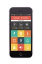 Front view of black smart phone with smart home application on t
