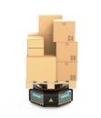 Front view of black warehouse robot carrying cardboard boxes Royalty Free Stock Photo