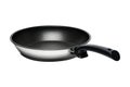 Front view of black and white frying pan isolated on white background