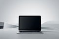Front view on blank black modern laptop monitor with place for your logo or text on abstract light grey stylish surface and light