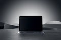 Front view on blank black modern laptop screen with space for your logo or text on abstract concrete surface and grey background.
