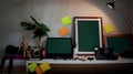 Front View Blank Laptop Computer  With Retro Camera and Stationary Accessories on Table, Royalty Free Stock Photo