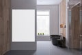 Front view of blank white image frame on the grey wall in a modern bathroom interior with window, mockup. 3D Rendering Royalty Free Stock Photo