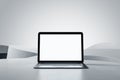Front view on blank white modern laptop monitor with place for your logo or text on abstract light grey stylish surface and light