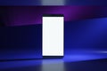 Front view on blank white modern smartphone screen with space for your logo or text on abstract graphic dark blue and purple Royalty Free Stock Photo