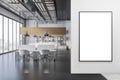 Front view on blank white poster with empty space on light grey wall in loft style coworking office with dark floor, lattice Royalty Free Stock Photo