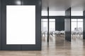 Front view on blank white poster with space for your logo or advertising text on black wall partition in stylish conference area
