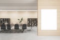 Front view of blank poster on wooden wall and modern negotiant office room on a background, mockup. 3D Rendering Royalty Free Stock Photo