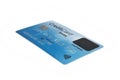 Front view of blue credit card with biometric sensor on white background. Biometrics in banking. Payment card with biometric