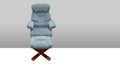 Front view blue leather recliner armchair and footstool set and brown wooden leg on grey wall and white floor background, object,