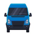 Front View of Blue Minibus for Passenger or Cargo Transportation, Minivan Auto Vehicle Flat Vector Illustration