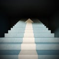 Front view on blue stairs with painted white arrow pointing up. Business progress concept background