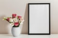 front view bouquet roses vase with empty frame. High quality beautiful photo concept Royalty Free Stock Photo