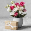 front view bouquet roses vase wrapped gift Royalty Free Stock Photo