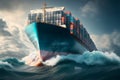 Front view from bow of a large blue shipping container ship in the ocean. Neural network generated art Royalty Free Stock Photo