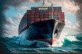 Front view from bow of a large blue shipping container ship in the ocean. Neural network generated art Royalty Free Stock Photo