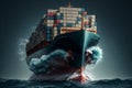 Front view from bow of a large blue shipping container ship in the ocean. Neural network generated art Royalty Free Stock Photo