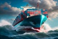Front view from bow of a large blue shipping container ship in the ocean. Neural network generated art Royalty Free Stock Photo