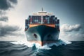 Front view from bow of a large blue shipping container ship in the ocean. Neural network generated art Royalty Free Stock Photo