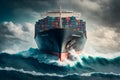 Front view from bow of a large blue shipping container ship in the ocean. Neural network generated art Royalty Free Stock Photo