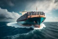 Front view from bow of a large blue shipping container ship in the ocean. Neural network generated art Royalty Free Stock Photo