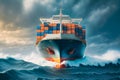 Front view from bow of a large blue shipping container ship in the ocean. Neural network generated art Royalty Free Stock Photo