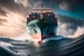 Front view from bow of a large blue shipping container ship in the ocean. Neural network generated art Royalty Free Stock Photo