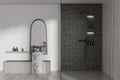 Front view on bright bathroom interior with mirror, sink, shower Royalty Free Stock Photo