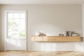 Front view on bright empty room interior with panoramic window Royalty Free Stock Photo