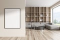 Front view on bright living room interior with empty poster Royalty Free Stock Photo