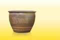 Front view brown and yellow big clay pot on gradient yellow background, decor, object, home, house, vintage, copy space Royalty Free Stock Photo