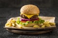 front view burger fries plate. High quality beautiful photo concept Royalty Free Stock Photo