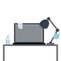 Business office desk with laptop computer, alcohol gel bottle, lamp and protective mask. Icon vector illustration.