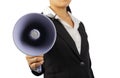 Businesswoman holding megaphone isolated with clipping path.