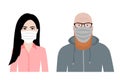 Front view cartoon vector set of a ginger bearded man and an asian woman wearing protective face mask - covid-19 safety measures
