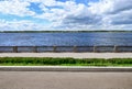 Front view of cast iron fence of Volga embankment in Samara