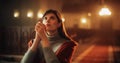 Front View: Christian Woman on her Knees in Front of Altar Starting to Pray in Church. Devoted Royalty Free Stock Photo