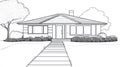 Line Art Drawing of a One-Story Suburban House with Garden and Pathway Royalty Free Stock Photo