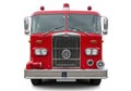 Front view of a classic red fire engine with chrome accents and emergency lights on a white background Royalty Free Stock Photo