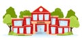 Front view of a classic school building with clock, big windows and doors. Flat, cartoon style vector illustration. Red elementary Royalty Free Stock Photo