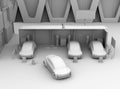 Front view of clay shading rendering of electric cars in car sharing only parking lot