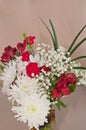 vase of colorful, cut flowers with green, narrow leaves